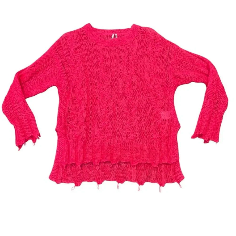 Anthropologie Posey Stitchy Distressed Open Knit Wool Sweater Pink Size XS